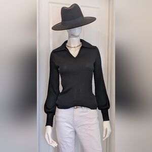 Aspirations Black Ribbed Long Sleeve V Neck Top Small